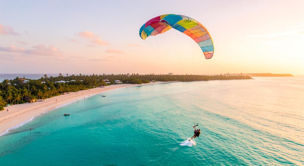 Parasailing over turquoise Grace Bay at golden hour